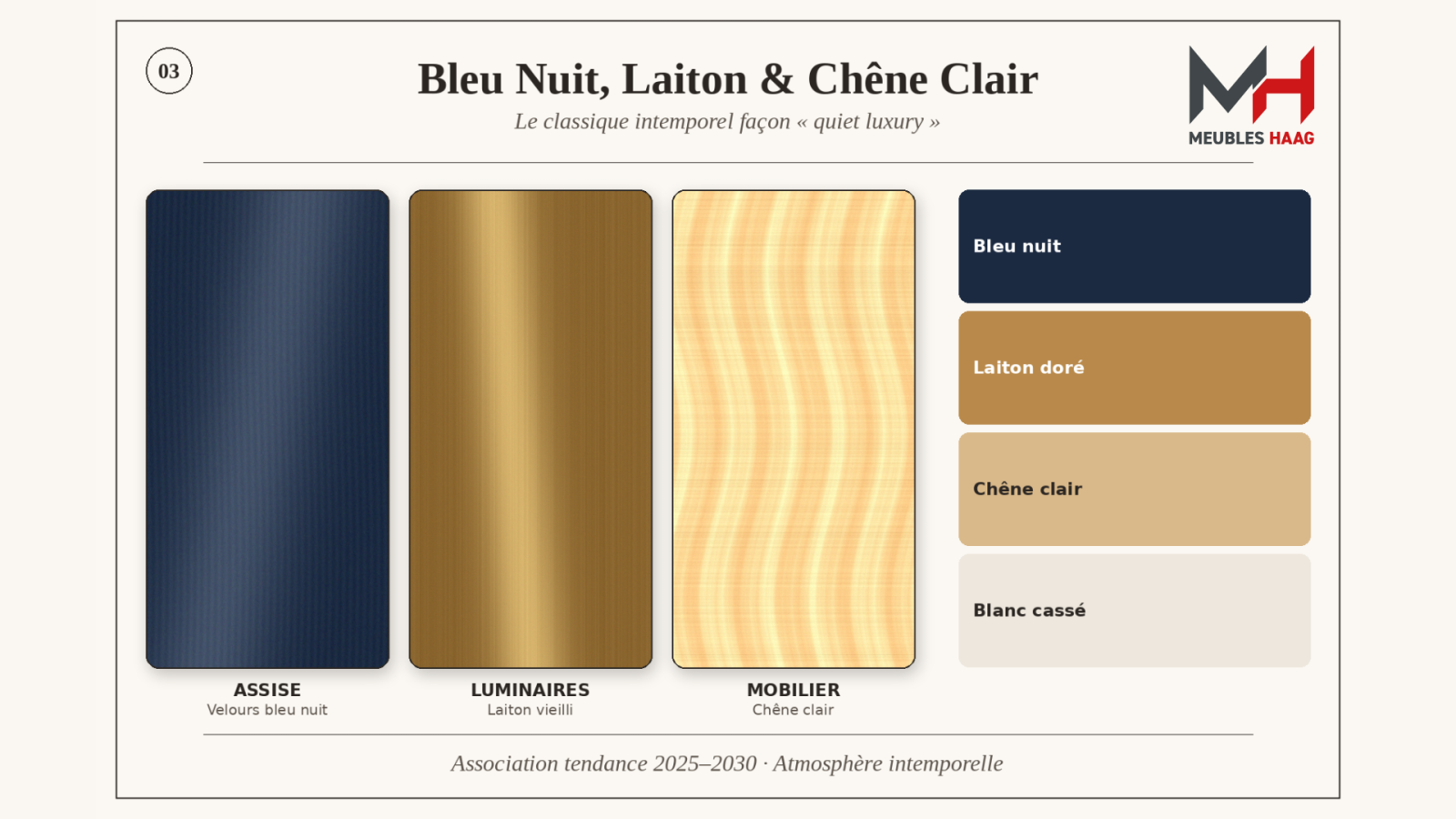 [Moodboard : velours bleu nuit, laiton vieilli et chêne clair.]