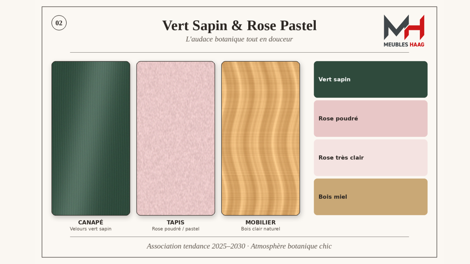 [Moodboard : velours vert sapin, rose poudré et bois clair naturel.]